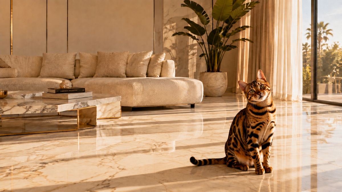 Bengalkatze trinkt aus dem Purivo Trinkbrunnen in einem hellen Wohnzimmer